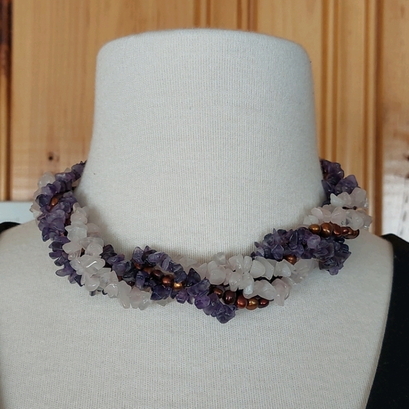 3 36" gemstone and pearl necklaces w/torsade clip - Picture 5 of 10